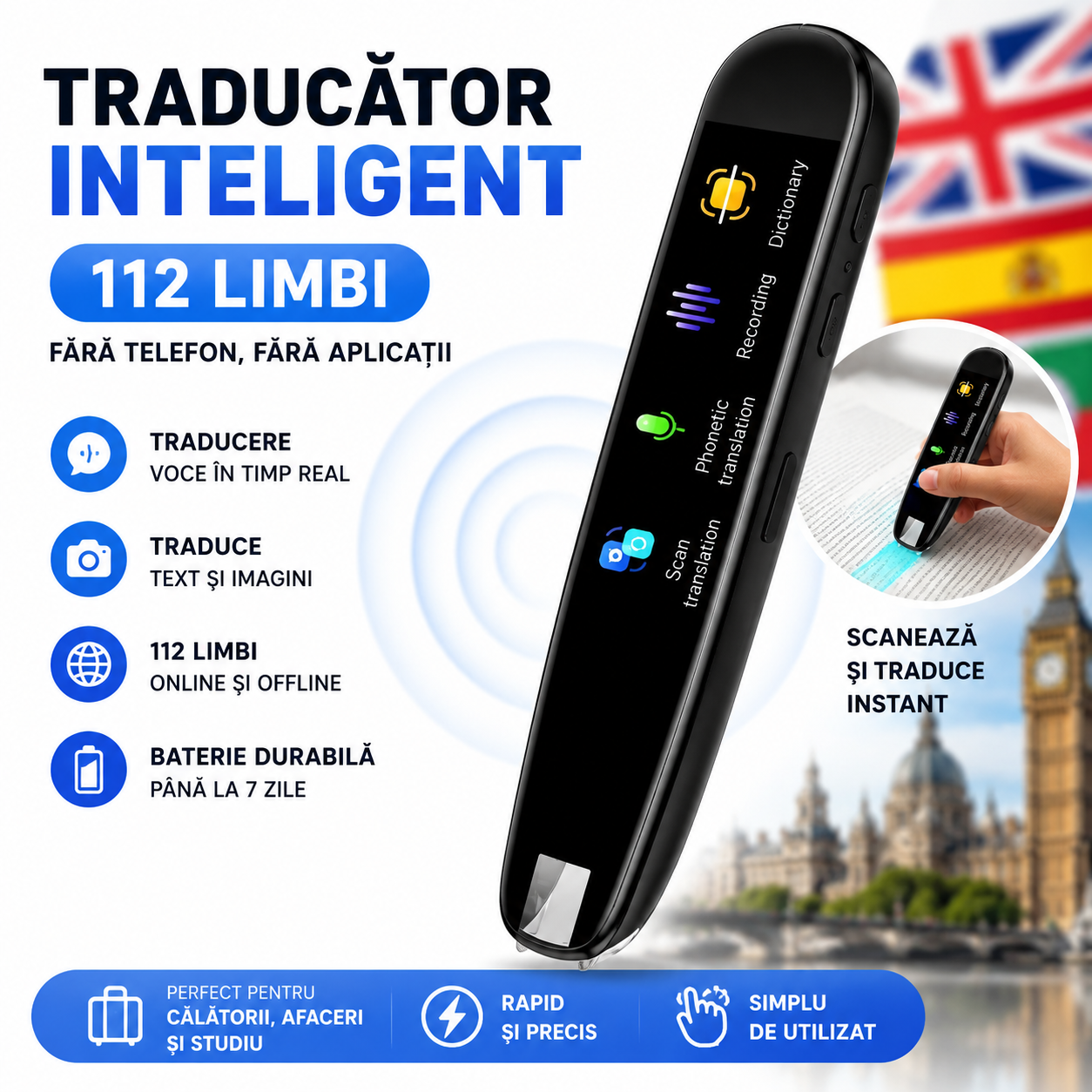 Traducător instant portabil,în 112 limbi – fără telefon, fără aplicații