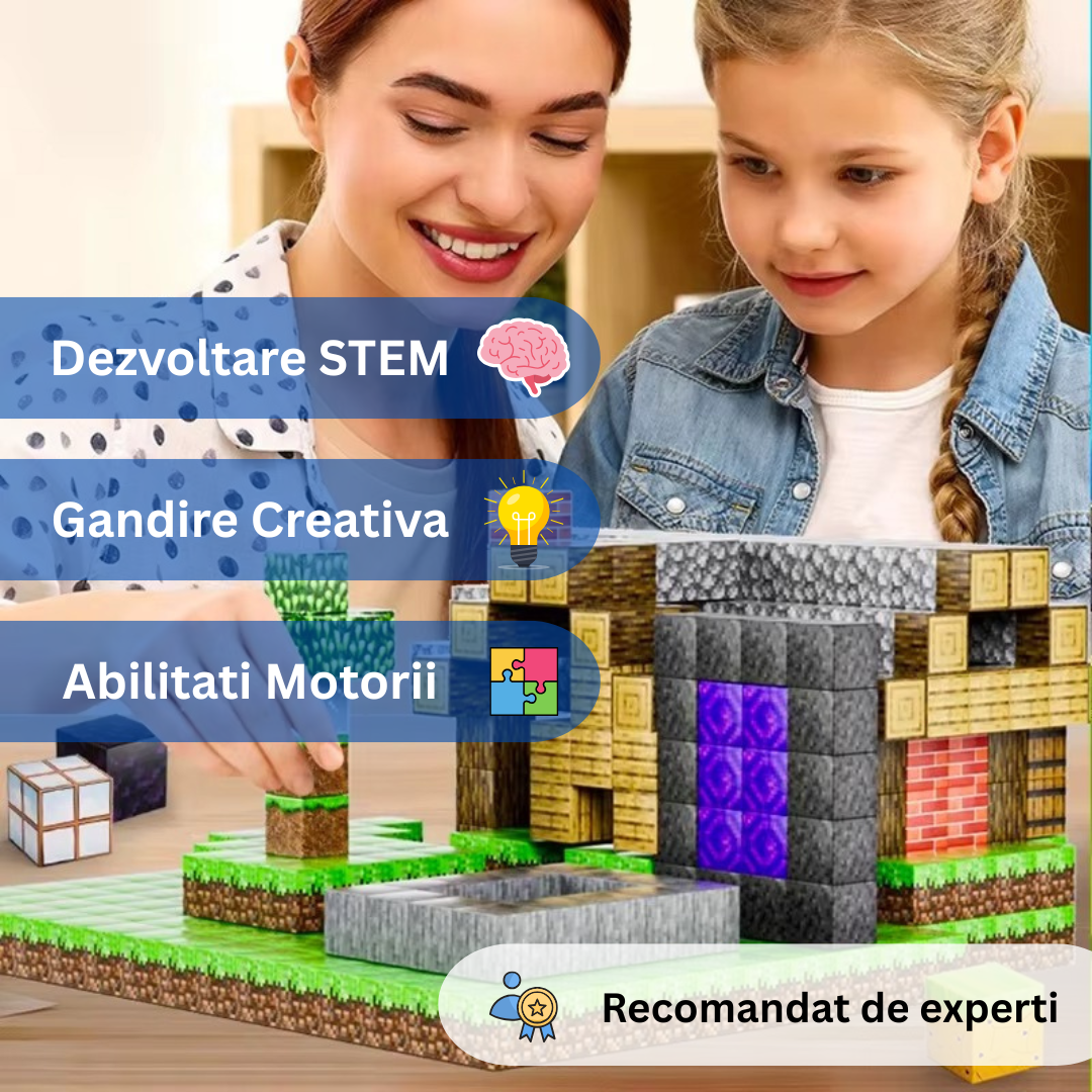 Blocuri magnetice Minecraft – Set educativ STEM, joc creativ pentru copii 3-10 ani