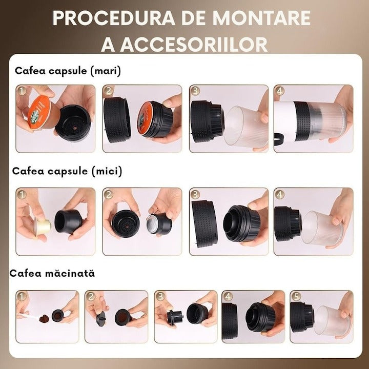 Espressor Portabil, Electric fara fir, Aparat de cafea portabil, 3 in 1, Capsule Nespresso,Dolce Gusto si cafea macinata